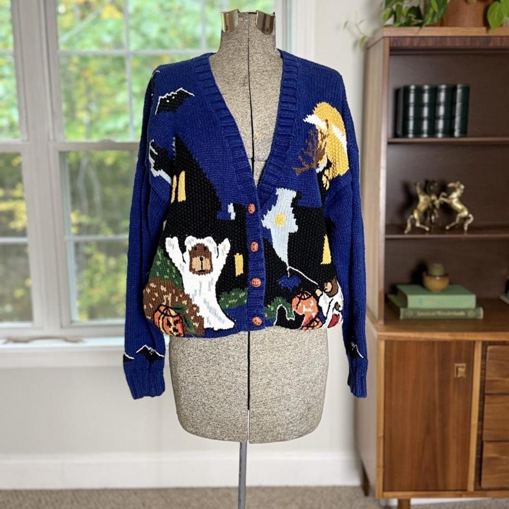Vintage 90s Charter Club Hand Knit Halloween Cardigan Sweater